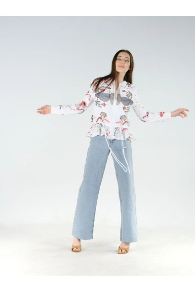 Nakış Işlemeli Beyaz Spor Mont Belden Kuşaklı - Resim 2