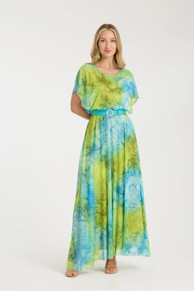 MAVİ YEŞİL NEON DESENLİ TAŞLI ASTARLI UZUN ELBİSE - Resim 2