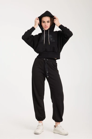 KAPİŞONLU EŞOFMAN TAKIMI ALT ÜST SİYAH LASTİKLİ PAÇA - Resim 3