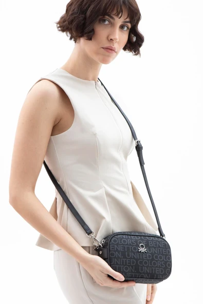 Benetton Siyah Kadın Monogram Eskitme Mini Çapraz Çanta BNT 1537 - Resim 2