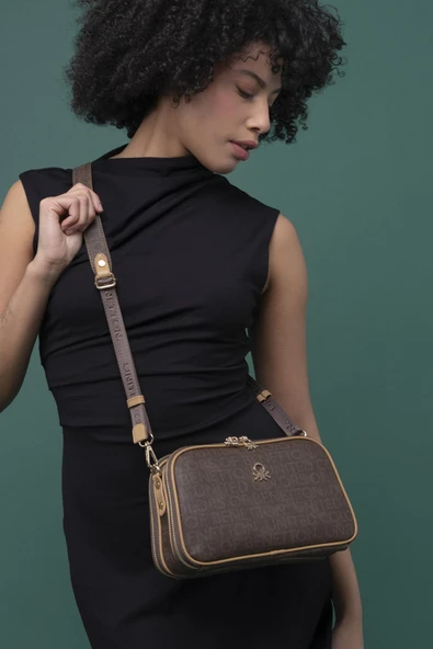 Benetton Kahverengi Kadın Monogram Eskitme Çapraz Çanta BNT 1277 - Resim 3
