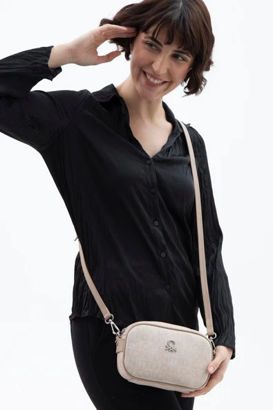 Benetton Bej Kadın Monogram Eskitme Mini Çapraz Çanta BNT 1537 - Resim 3