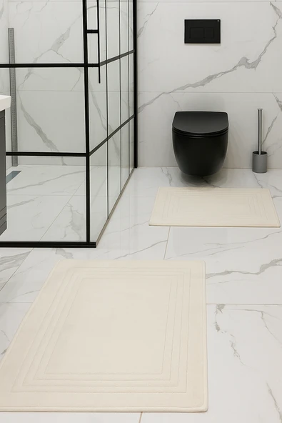 KREM RENGİ %100 Pamuk Dokuma, Su Emici, Banyo Paspas Seti, Banyo Halısı Vera 2'li Klozet Takım 60x100-60x50