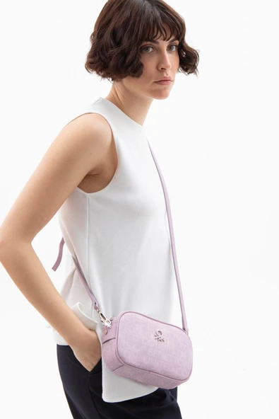 Benetton Lila Kadın Monogram Eskitme Mini Çapraz Çanta BNT 1537 - Resim 3