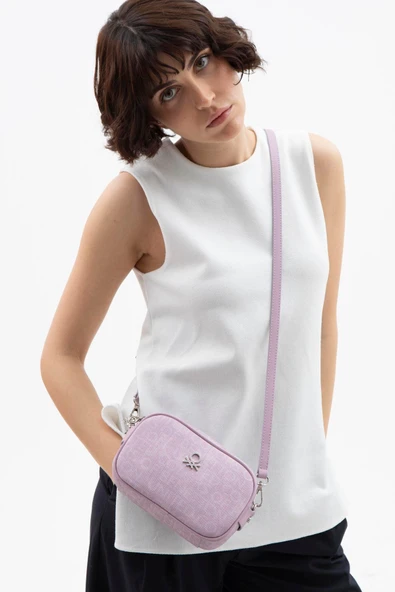 Benetton Lila Kadın Monogram Eskitme Mini Çapraz Çanta BNT 1537 - Resim 2