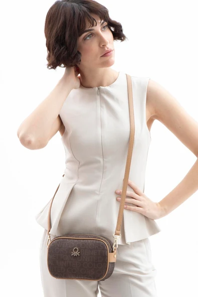 Benetton Kahverengi Kadın Monogram Eskitme Mini Çapraz Çanta BNT 1537 - Resim 3
