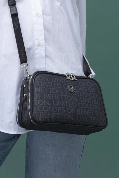 Benetton Siyah Kadın Monogram Eskitme Çapraz Çanta BNT 1277 - 2