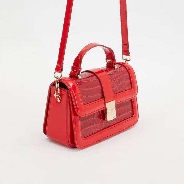 Levidor Kırmızı Kroko Deri Kadın Rugan El Çantası ürün görseli