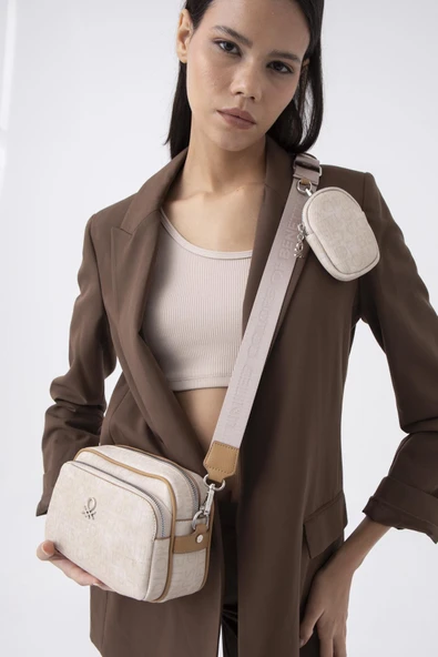 Benetton Bej Monogram Eskitme Kadın Çapraz Çanta BNT 1292 - Resim 3