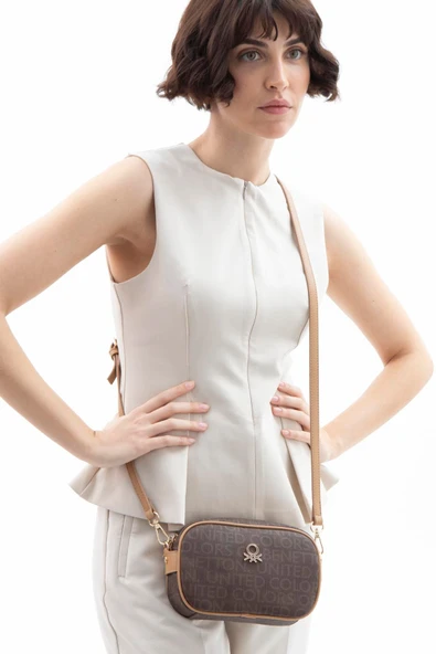 Benetton Kahverengi Kadın Monogram Eskitme Mini Çapraz Çanta BNT 1537 - Resim 2