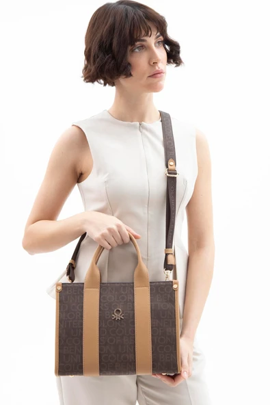 Benetton Kahverengi Monogram Eskitme Kadın El Çantası BNT 1596 - Resim 3