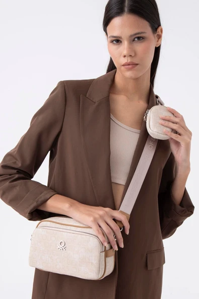 Benetton Bej Monogram Eskitme Kadın Çapraz Çanta BNT 1292 - Resim 2