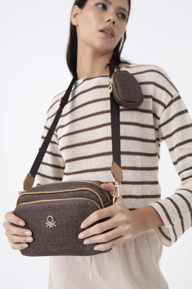 Benetton Kahverengi Monogram Eskitme Kadın Çapraz Çanta BNT 1292 - Resim 2