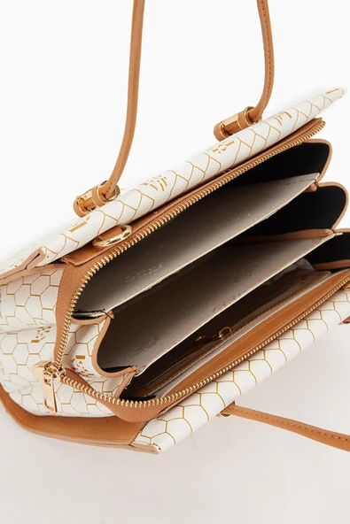 Levidor Bej Petek Baskılı Üç Gözlü Kadın El Çantası - Resim 5