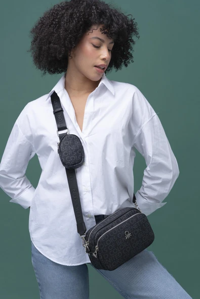 Benetton Siyah Monogram Eskitme Kadın Çapraz Çanta BNT 1292 - Resim 3