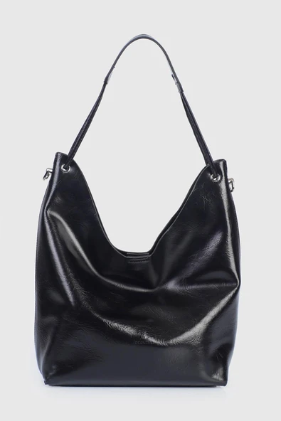 Jacquline Siyah Ebave Parlak Deri Yavru Çantalı Kadın El Çantası - Resim 3