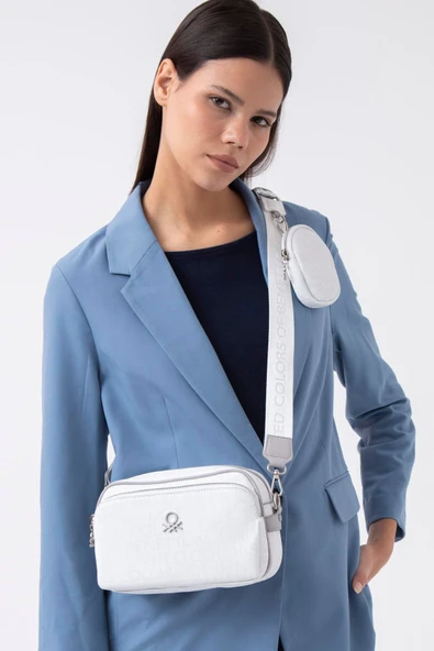 Benetton Beyaz Monogram Eskitme Kadın Çapraz Çanta BNT 1292 - Resim 2