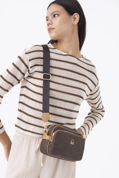 Benetton Kahverengi Monogram Eskitme Kadın Çapraz Çanta BNT 1292 - Resim 3