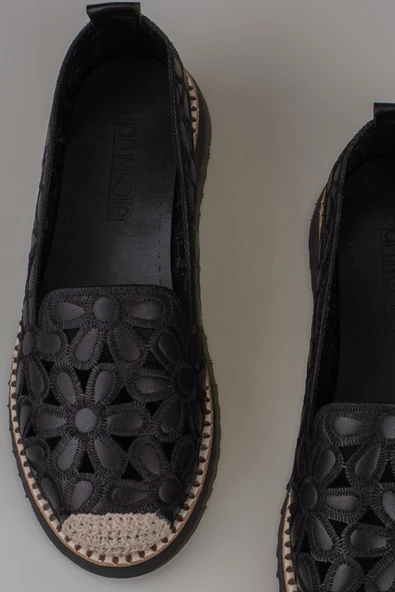 Trend Adımlar Siyah Hasır Burunlu Kadın Delikli Yazlık Babet - Resim 5