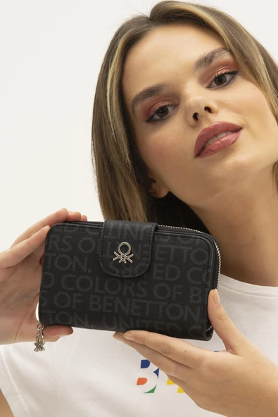 Benetton Siyah Monogram Eskitme Geniş Kadın Cüzdan BNT 1301 - 3