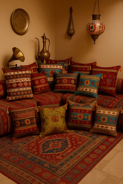 Kilim Desen (70cmx70cm) Şönil Kumaş Püsküllü Kare Ev Bahçe Minder Kılıfı NO13 - 2