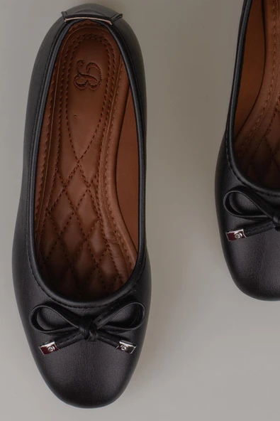 Trend Adımlar Siyah Mat Fiyonk Bağlama Düz Babet - Resim 4