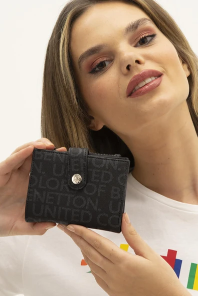 Benetton Siyah Monogram Eskitme Kadın Kartlık Cüzdan BNT 1310 - Resim 2