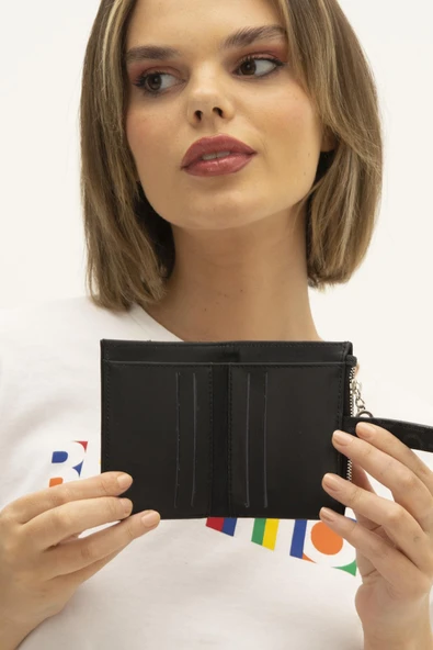 Benetton Siyah Monogram Eskitme Kadın Küçük Kartlık BNT 1309 - Resim 3