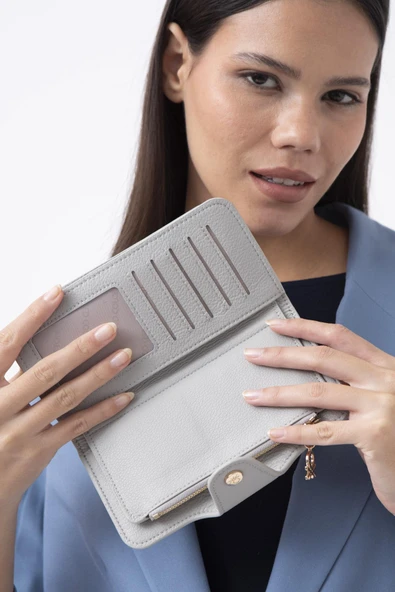 Benetton Gri Sofline Kadın Deri Geniş Cüzdan BNT 1443 - Resim 3