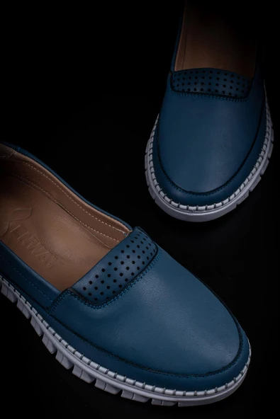 Trend Adımlar Mavi Hakiki Deri Kadın Comfort Babet - 5