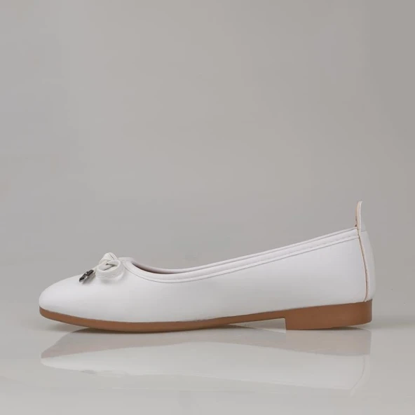 Trend Adımlar Beyaz Fiyonk Bağlama Düz Babet - Resim 3