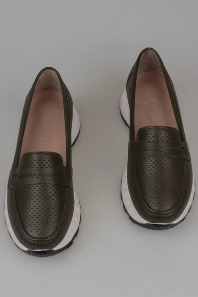 Trend Adımlar Yeşil Kadın Ortopedik Hakiki Deri Comfort Babet - 4