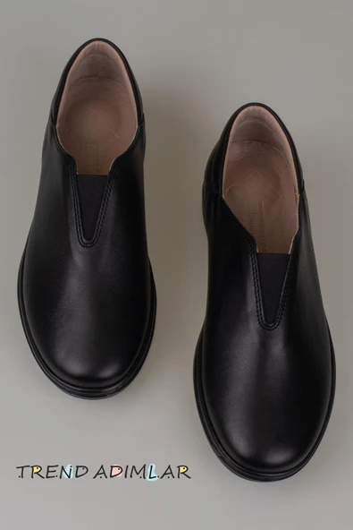 Trend Adımlar Siyah Hakiki Deri Kadın Lastikli Comfort Ayakkabı - 5