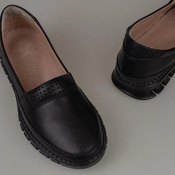 Trend Adımlar Siyah Hakiki Deri Kadın Comfort Babet - 5