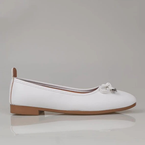 Trend Adımlar Beyaz Fiyonk Bağlama Düz Babet - Resim 2