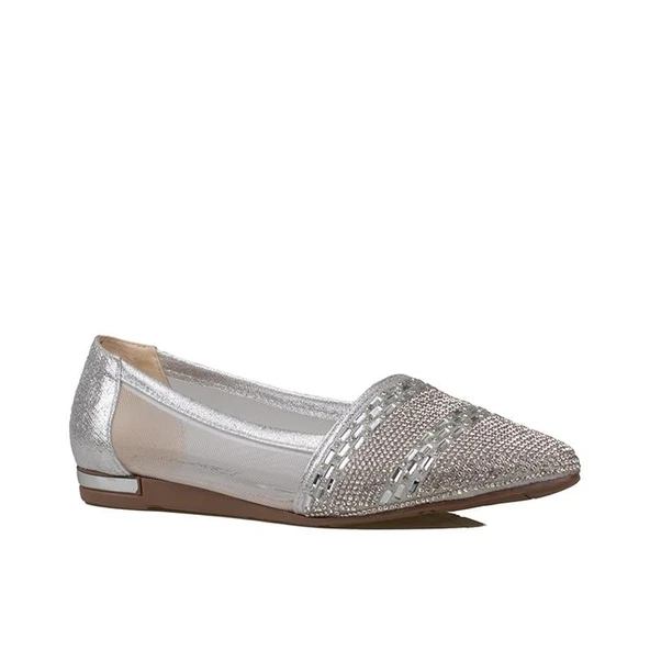 Trend Adımlar Gümüş Çizgi Taş İşlemeli Kadın Babet ürün görseli