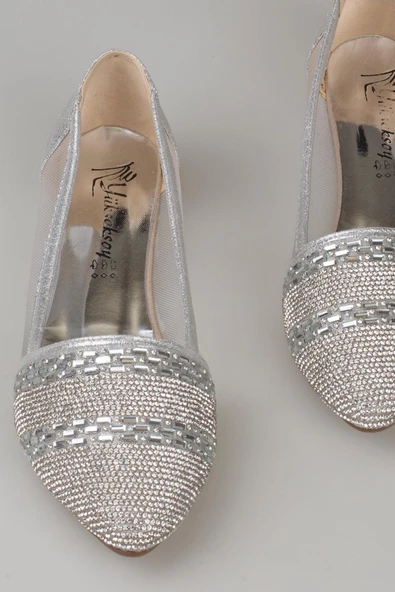 Trend Adımlar Gümüş Çizgi Taş İşlemeli Kadın Babet - Resim 4