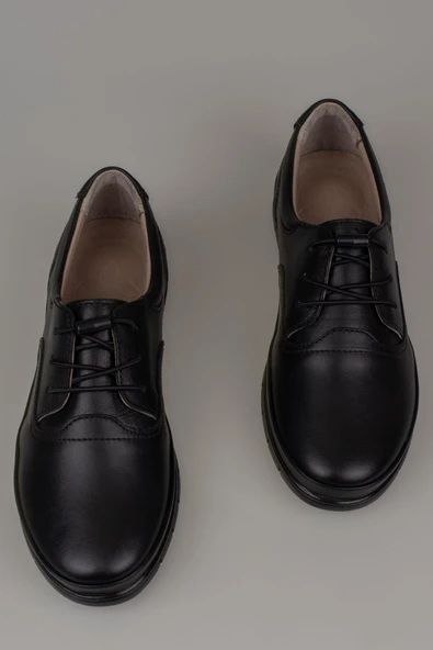 Trend Adımlar Siyah Hakiki Deri Lastikli Kadın Comfort Ayakkabı - 4