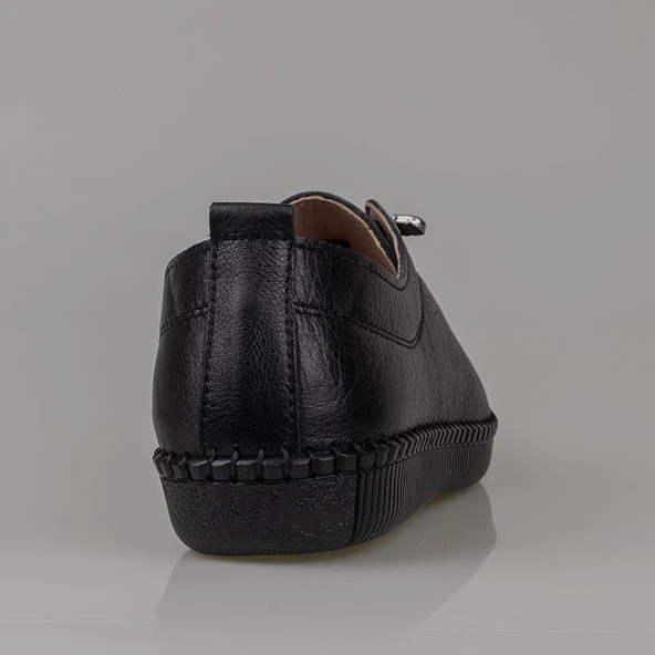 Trend Adımlar Siyah Lastik Bağcıklı Hakiki Deri Kadın Comfort Ayakkabı - Resim 5