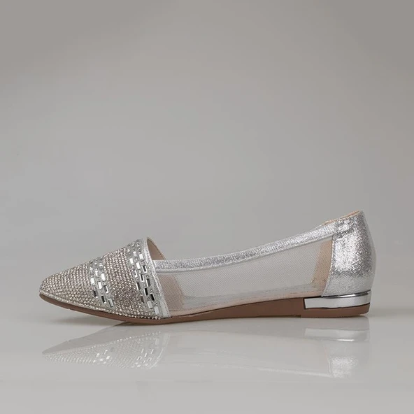 Trend Adımlar Gümüş Çizgi Taş İşlemeli Kadın Babet - Resim 2