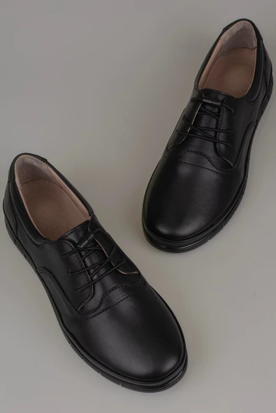 Trend Adımlar Siyah Hakiki Deri Lastikli Kadın Comfort Ayakkabı - 5