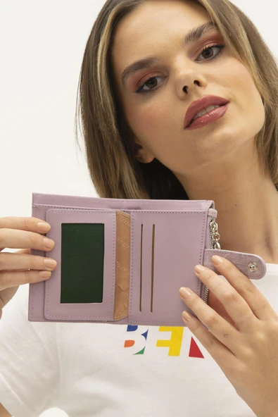 Benetton Lila Monogram Eskitme Kadın Kartlık Cüzdan BNT 1310 - Resim 3