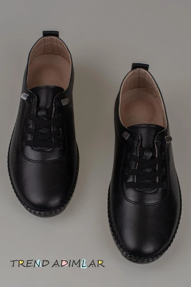 Trend Adımlar Siyah Lastik Bağcıklı Hakiki Deri Kadın Comfort Ayakkabı - Resim 4
