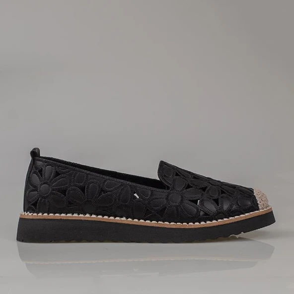 Trend Adımlar Siyah Hasır Burunlu Kadın Delikli Yazlık Babet - Resim 2