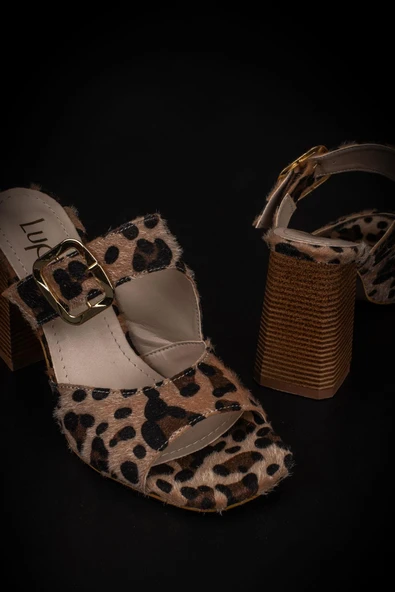 Trend Adımlar Krem Leopar Süet Desenli Kadın Topuklu Terlik - Resim 5