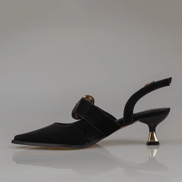 Trend Adımlar Siyah Fındık Topuk Kadın Taş Tokalı Klasik Ayakkabı - Resim 4