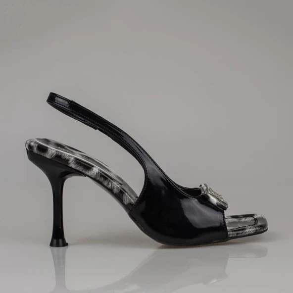 Trend Adımlar Siyah Rugan Burnu Açık Leopar Taşlı Klasik Ayakkabı - Resim 2