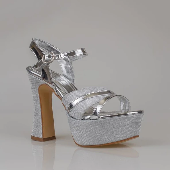 Trend Adımlar Gümüş Kadın Platform Kalın Topuk Abiye Ayakkabı - Resim 2