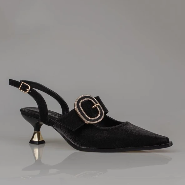 Trend Adımlar Siyah Fındık Topuk Kadın Taş Tokalı Klasik Ayakkabı - Resim 2