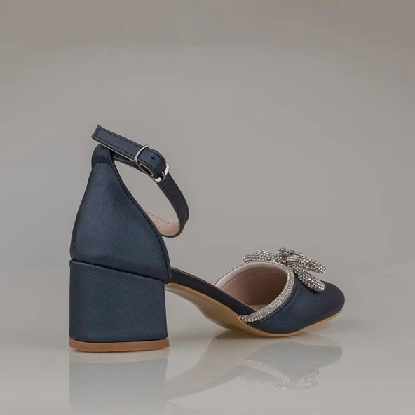 Trend Adımlar Mavi Taşlı Fiyonk Detaylı Kadın Saten Klasik Ayakkabı - Resim 4